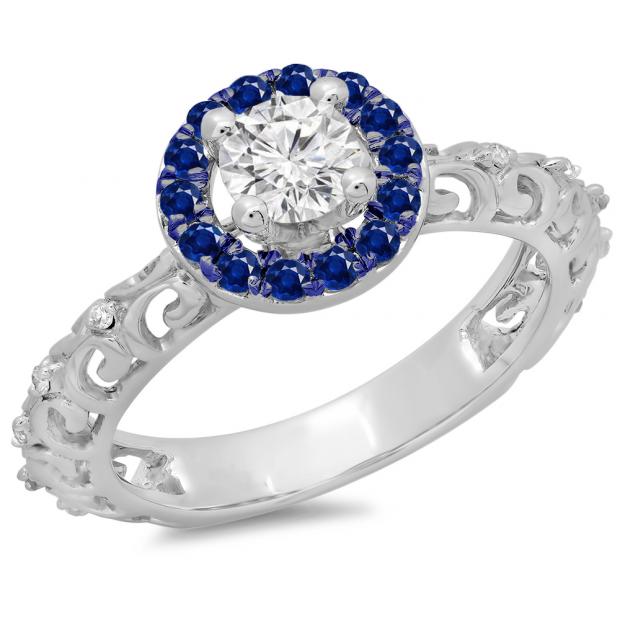 0.80 Carat (ctw) 14K White Gold Round Cut Blue Sapphire & White Diamond Ladies Bridal Vintage Halo Style Engagement Ring 3/4 CT