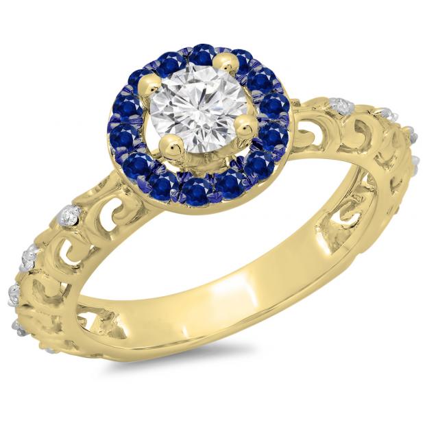 0.80 Carat (ctw) 14K Yellow Gold Round Cut Blue Sapphire & White Diamond Ladies Bridal Vintage Halo Style Engagement Ring 3/4 CT