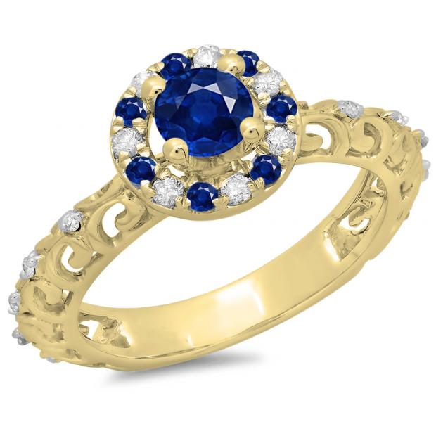0.80 Carat (ctw) 14K Yellow Gold Round Cut Blue Sapphire & White Diamond Ladies Bridal Vintage Halo Style Engagement Ring 3/4 CT