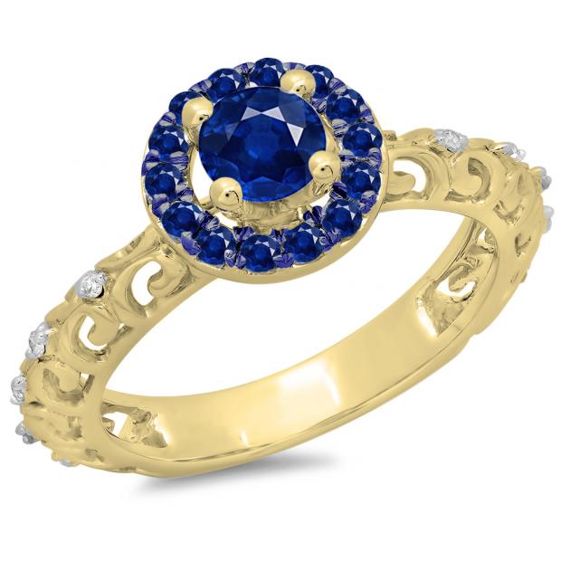 0.80 Carat (ctw) 10K Yellow Gold Round Cut Blue Sapphire & White Diamond Ladies Bridal Vintage Halo Style Engagement Ring 3/4 CT