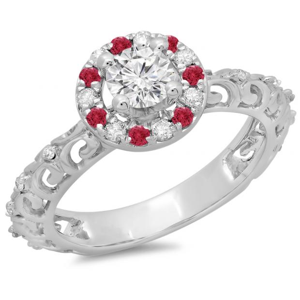 0.80 Carat (ctw) 14K White Gold Round Cut Ruby & White Diamond Ladies Bridal Vintage Halo Style Engagement Ring 3/4 CT