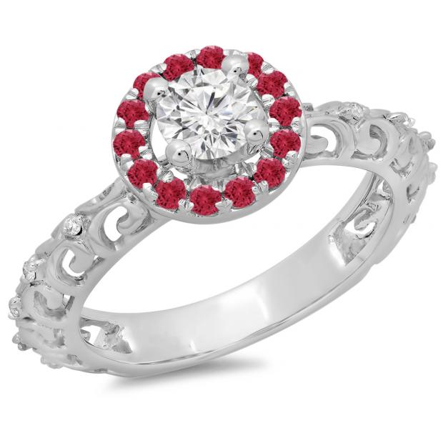 0.80 Carat (ctw) 18K White Gold Round Cut Ruby & White Diamond Ladies Bridal Vintage Halo Style Engagement Ring 3/4 CT