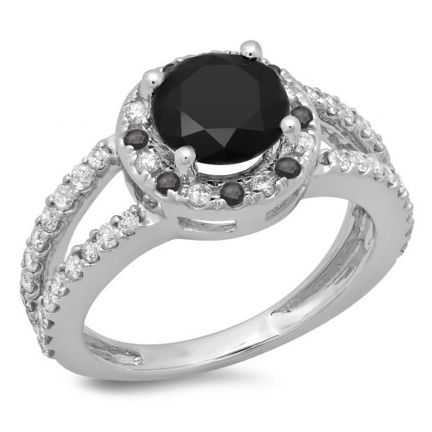 2.33 Carat (ctw) 14K White Gold Round Black & White Diamond Ladies Bridal Split Shank Halo Style Engagement Ring