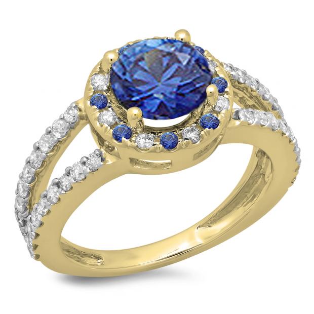 2.33 Carat (ctw) 18K Yellow Gold Round Blue Sapphire & White Diamond Ladies Bridal Split Shank Halo Style Engagement Ring