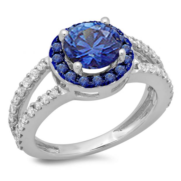 2.33 Carat (ctw) 18K White Gold Round Blue Sapphire & White Diamond Ladies Bridal Split Shank Halo Style Engagement Ring