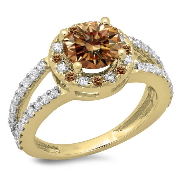 2.33 Carat (ctw) 18K Yellow Gold Round Champagne & White Diamond Ladies Bridal Split Shank Halo Style Engagement Ring