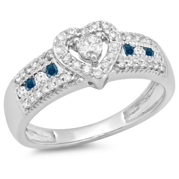 0.55 Carat (ctw) 10K White Gold Round Cut Blue & White Diamond Ladies Bridal Heart Shaped Promise Engagement Ring 1/2 CT