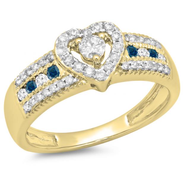 0.55 Carat (ctw) 10K Yellow Gold Round Cut Blue & White Diamond Ladies Bridal Heart Shaped Promise Engagement Ring 1/2 CT