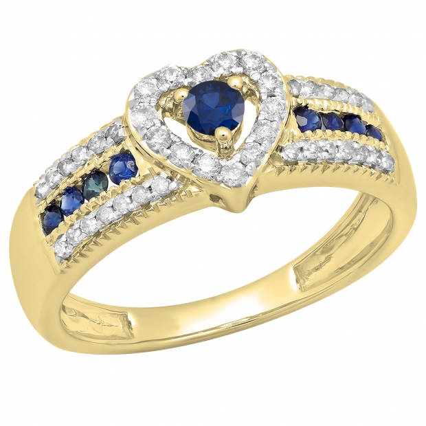 0.55 Carat (ctw) 10K Yellow Gold Round Cut Blue Sapphire & White Diamond Ladies Bridal Heart Shaped Promise Engagement Ring 1/2 CT