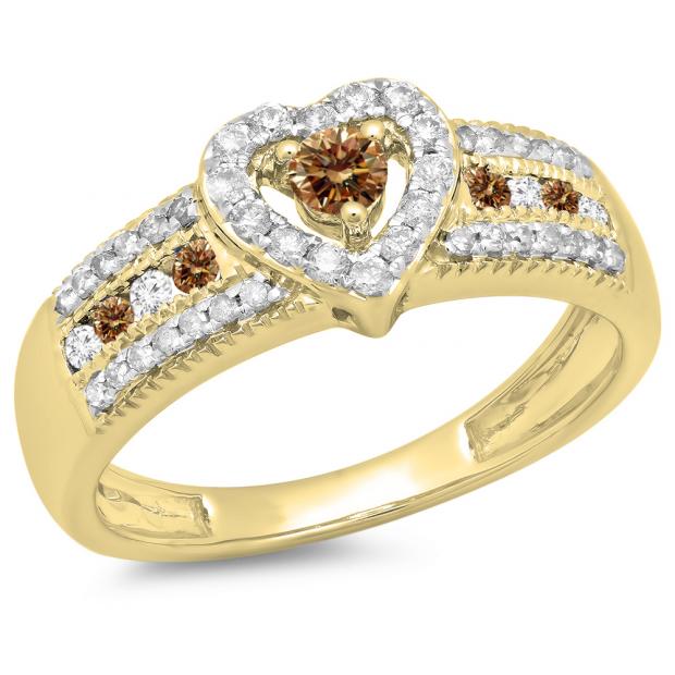 0.55 Carat (ctw) 18K Yellow Gold Round Cut Champagne & White Diamond Ladies Bridal Heart Shaped Promise Engagement Ring 1/2 CT