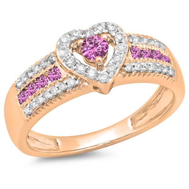 0.55 Carat (ctw) 10K Rose Gold Round Cut Pink Sapphire & White Diamond Ladies Bridal Heart Shaped Promise Engagement Ring 1/2 CT