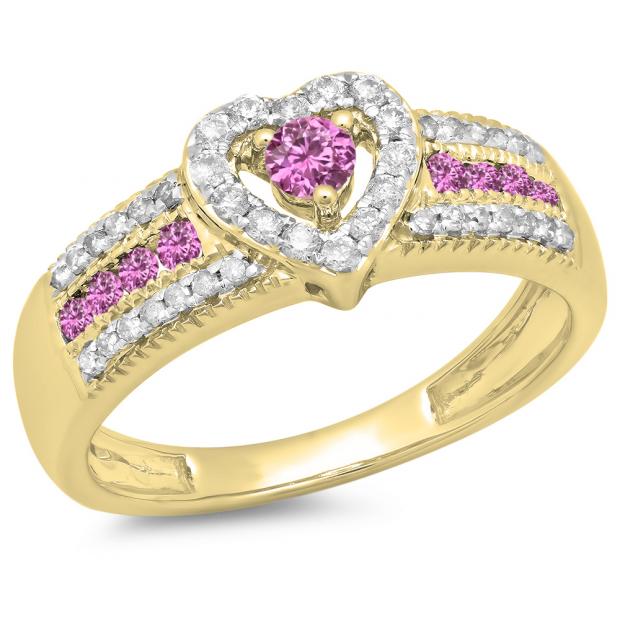 0.55 Carat (ctw) 10K Yellow Gold Round Cut Pink Sapphire & White Diamond Ladies Bridal Heart Shaped Promise Engagement Ring 1/2 CT
