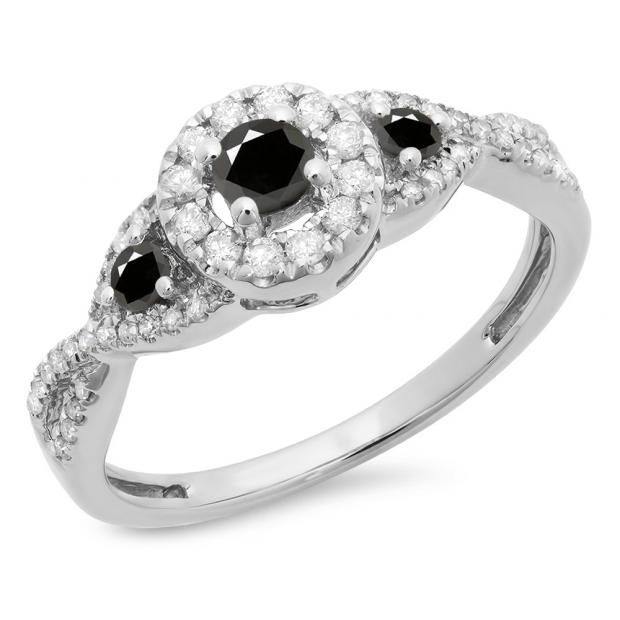 0.60 Carat (ctw) 10K White Gold Round Black & White Diamond Ladies 3 Stone Swirl Halo Style Vintage Bridal Engagement Ring