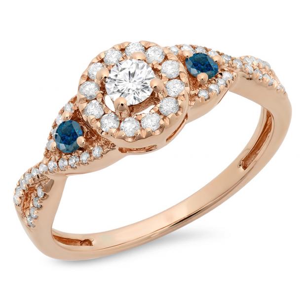 0.60 Carat (ctw) 14K Rose Gold Round Blue & White Diamond Ladies 3 Stone Swirl Halo Style Vintage Bridal Engagement Ring