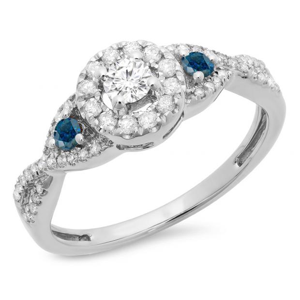 0.60 Carat (ctw) 14K White Gold Round Blue & White Diamond Ladies 3 Stone Swirl Halo Style Vintage Bridal Engagement Ring