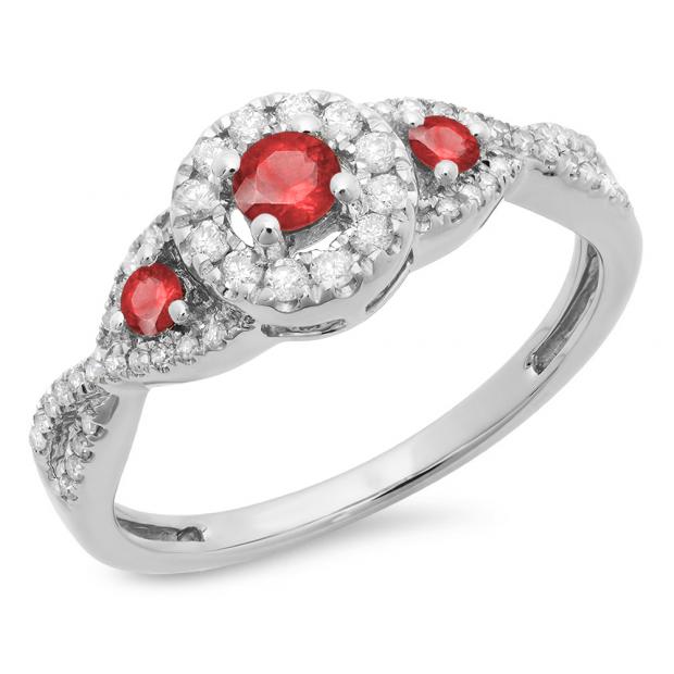 0.60 Carat (ctw) 14K White Gold Round Ruby & White Diamond Ladies 3 Stone Swirl Halo Style Vintage Bridal Engagement Ring