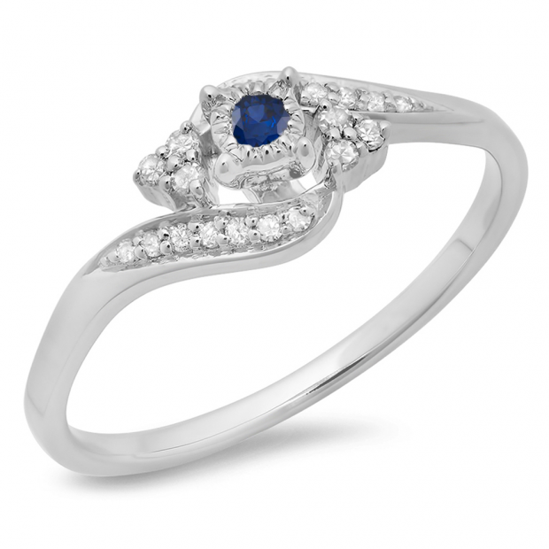 0.20 Carat (ctw) 14K White Gold Round Blue Sapphire & White Diamond Ladies Twisted Swirl Promise Engagement Ring 1/5 CT