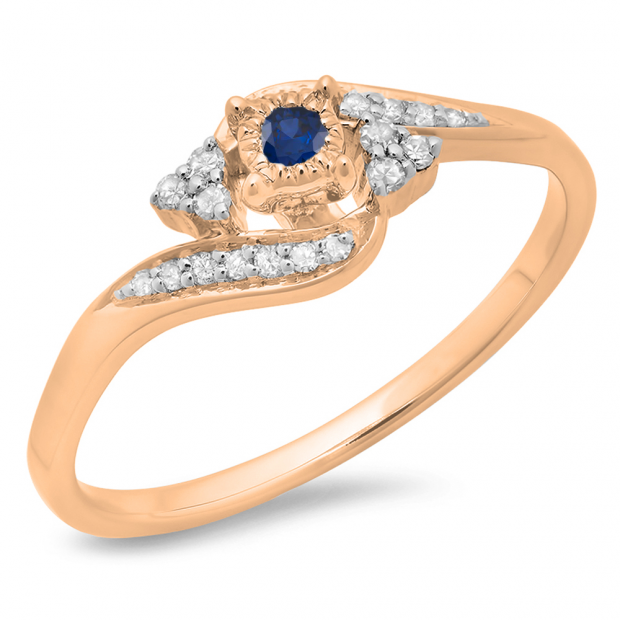 0.20 Carat (ctw) 18K Rose Gold Round Blue Sapphire & White Diamond Ladies Twisted Swirl Promise Engagement Ring 1/5 CT