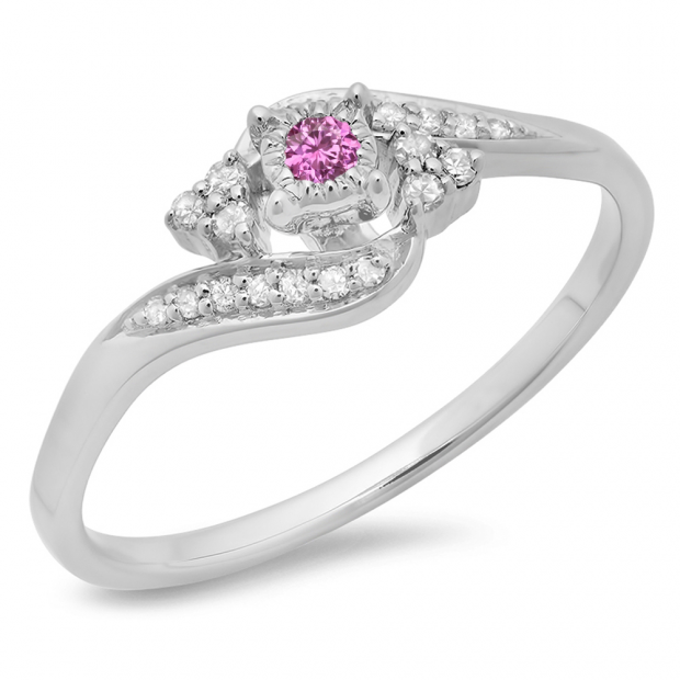 0.20 Carat (ctw) 10K White Gold Round Pink Sapphire & White Diamond Ladies Twisted Swirl Promise Engagement Ring 1/5 CT