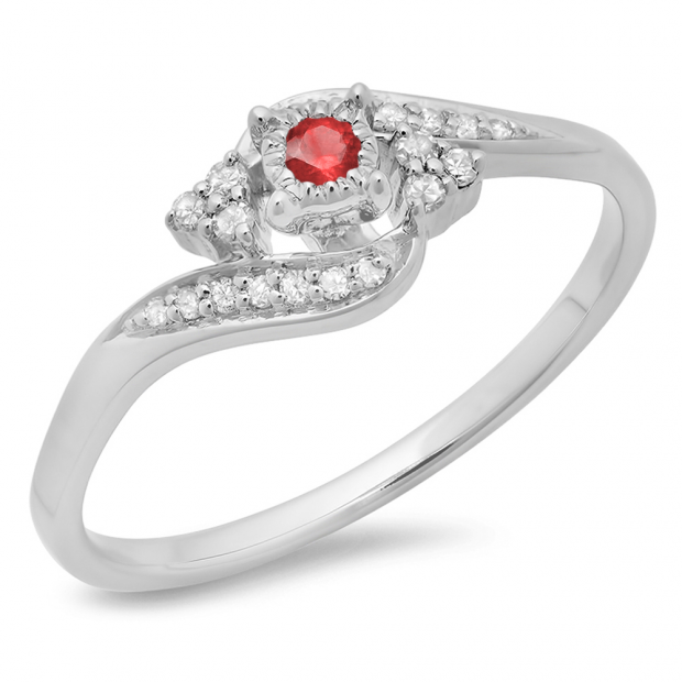 0.20 Carat (ctw) 10K White Gold Round Ruby & White Diamond Ladies Twisted Swirl Promise Engagement Ring 1/5 CT