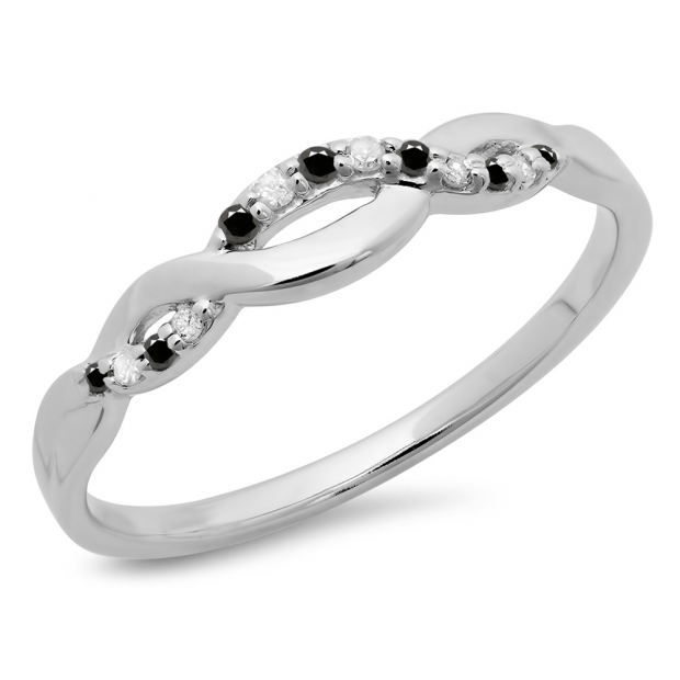 0.10 Carat (ctw) 10K White Gold Round Cut Black & White Diamond Ladies Bridal Anniversary Wedding Band Stackable Swirl Ring