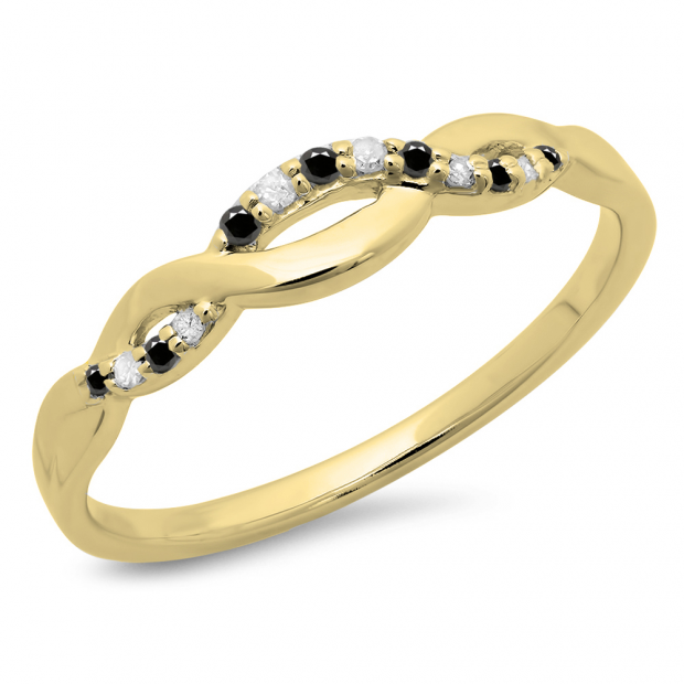 0.10 Carat (ctw) 10K Yellow Gold Round Cut Black & White Diamond Ladies Bridal Anniversary Wedding Band Stackable Swirl Ring