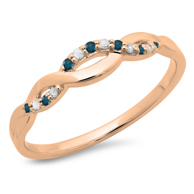 0.10 Carat (ctw) 10K Rose Gold Round Cut Blue & White Diamond Ladies Bridal Anniversary Wedding Band Stackable Swirl Ring