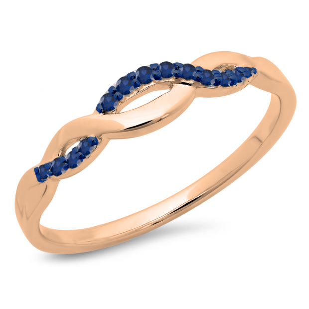 0.10 Carat (ctw) 10K Rose Gold Round Cut Blue Sapphire Ladies Bridal Anniversary Wedding Band Stackable Swirl Ring