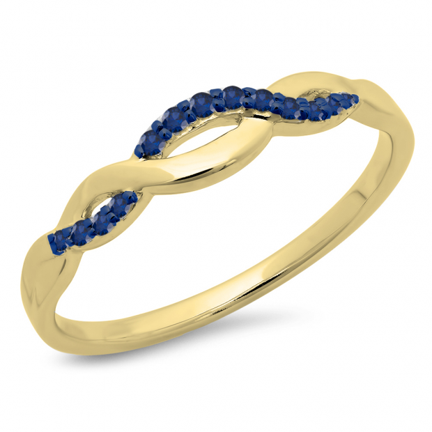 0.10 Carat (ctw) 10K Yellow Gold Round Cut Blue Sapphire Ladies Bridal Anniversary Wedding Band Stackable Swirl Ring