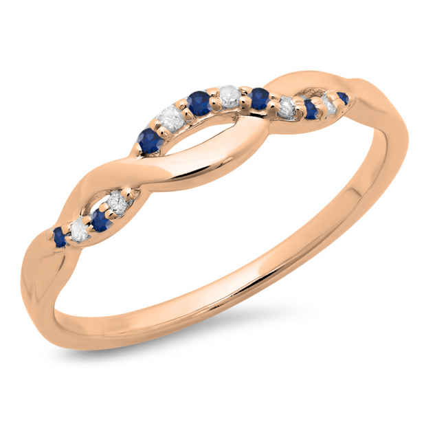 0.10 Carat (ctw) 18K Rose Gold Round Cut Blue Sapphire & White Diamond Ladies Bridal Anniversary Wedding Band Stackable Swirl Ring