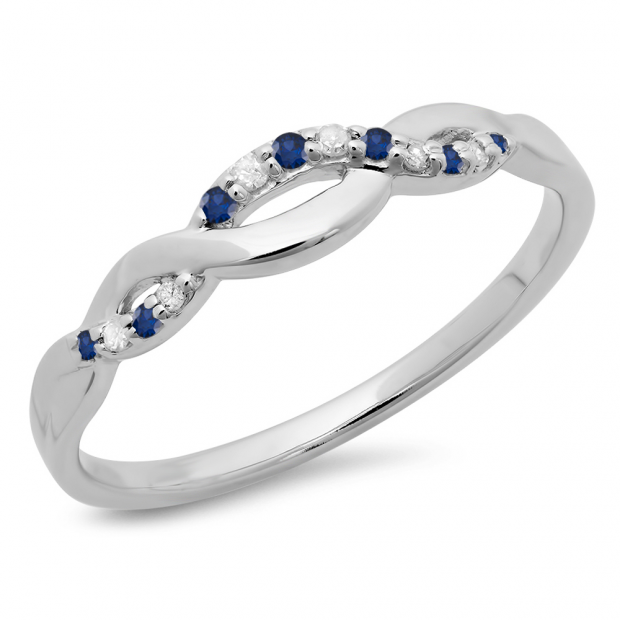 0.10 Carat (ctw) 18K White Gold Round Cut Blue Sapphire & White Diamond Ladies Bridal Anniversary Wedding Band Stackable Swirl Ring