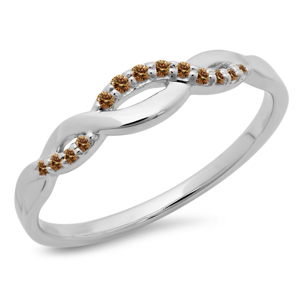 0.10 Carat (ctw) 10K White Gold Round Cut Champagne Diamond Ladies Bridal Anniversary Wedding Band Stackable Swirl Ring