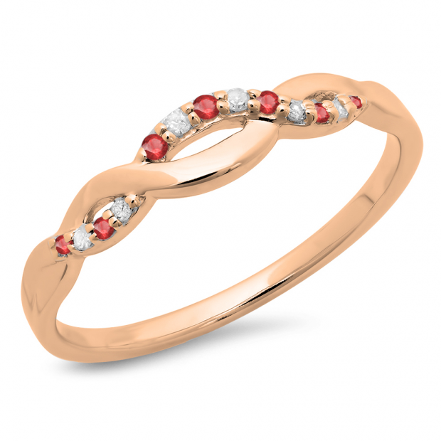0.10 Carat (ctw) 10K Rose Gold Round Cut Ruby & White Diamond Ladies Bridal Anniversary Wedding Band Stackable Swirl Ring