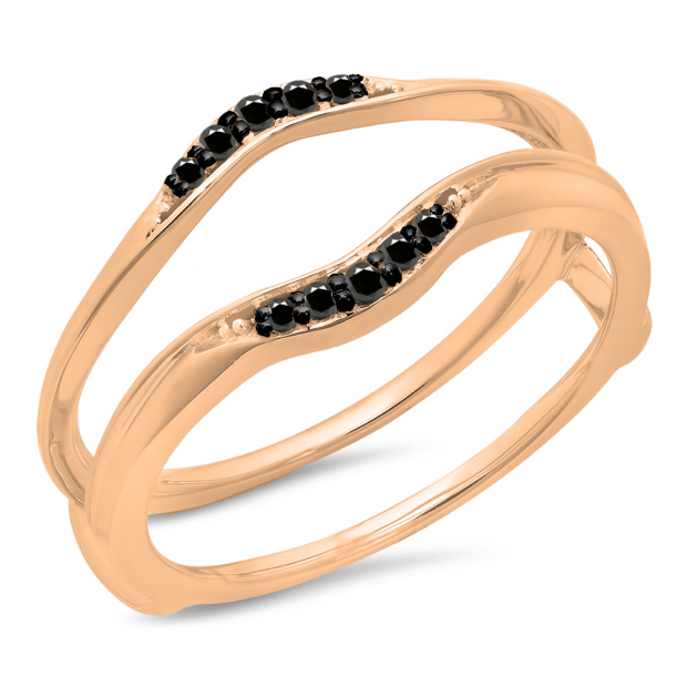 0.10 Carat (ctw) 10K Rose Gold Round Black Diamond Ladies Anniversary Wedding Band Guard Double Ring 1/10 CT