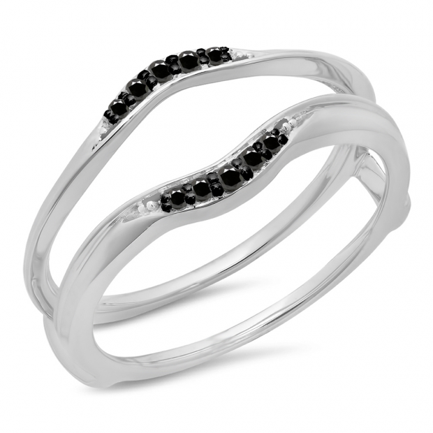 0.10 Carat (ctw) 10K White Gold Round Black Diamond Ladies Anniversary Wedding Band Guard Double Ring 1/10 CT