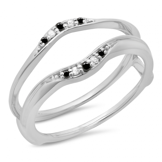 0.10 Carat (ctw) 10K White Gold Round Black & White Diamond Ladies Anniversary Wedding Band Guard Double Ring 1/10 CT