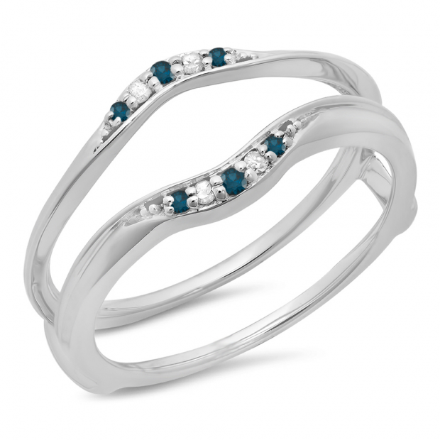 0.10 Carat (ctw) 10K White Gold Round Blue & White Diamond Ladies Anniversary Wedding Band Guard Double Ring 1/10 CT