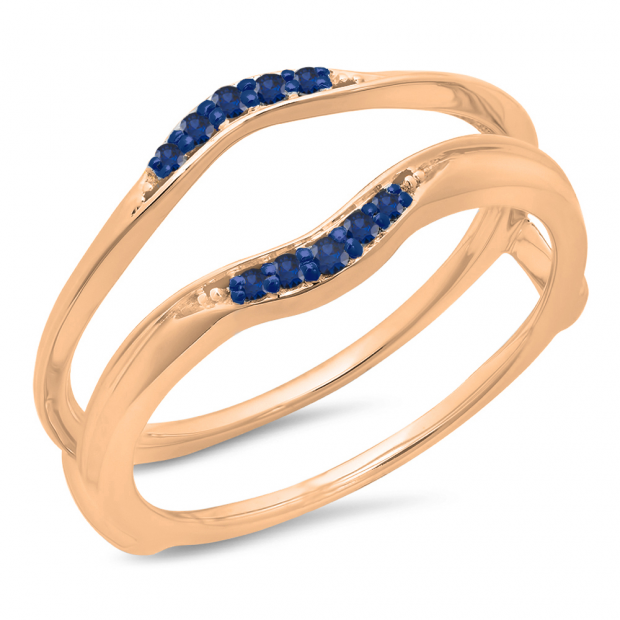 0.10 Carat (ctw) 10K Rose Gold Round Blue Sapphire Ladies Anniversary Wedding Band Guard Double Ring 1/10 CT