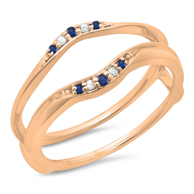 0.10 Carat (ctw) 10K Rose Gold Round Blue Sapphire & White Diamond Ladies Anniversary Wedding Band Guard Double Ring 1/10 CT