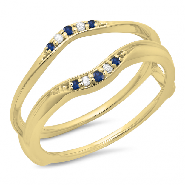 0.10 Carat (ctw) 10K Yellow Gold Round Blue Sapphire & White Diamond Ladies Anniversary Wedding Band Guard Double Ring 1/10 CT