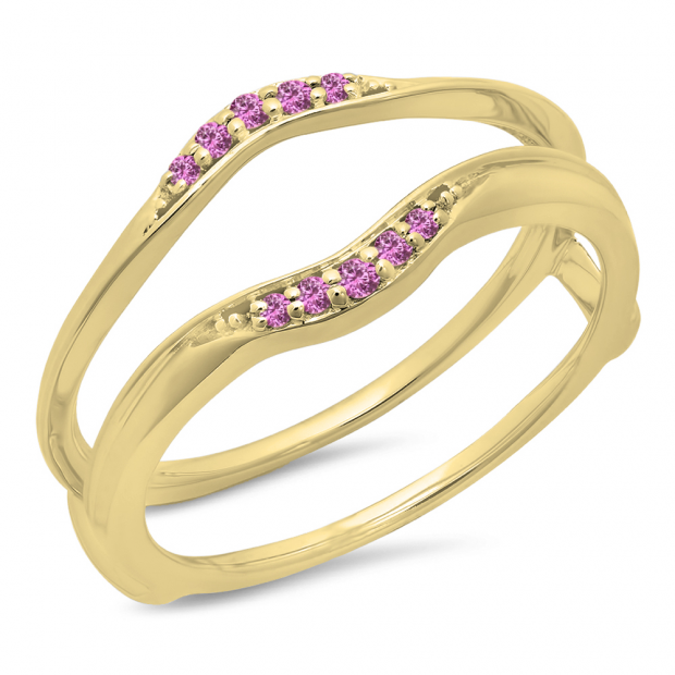 0.10 Carat (ctw) 10K Yellow Gold Round Pink Sapphire Ladies Anniversary Wedding Band Guard Double Ring 1/10 CT