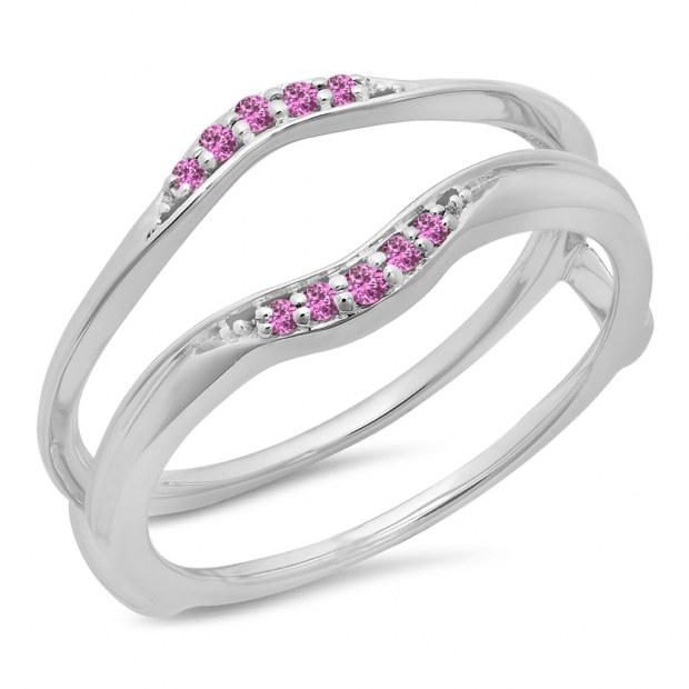 0.10 Carat (ctw) 18K White Gold Round Pink Sapphire Ladies Anniversary Wedding Band Guard Double Ring 1/10 CT