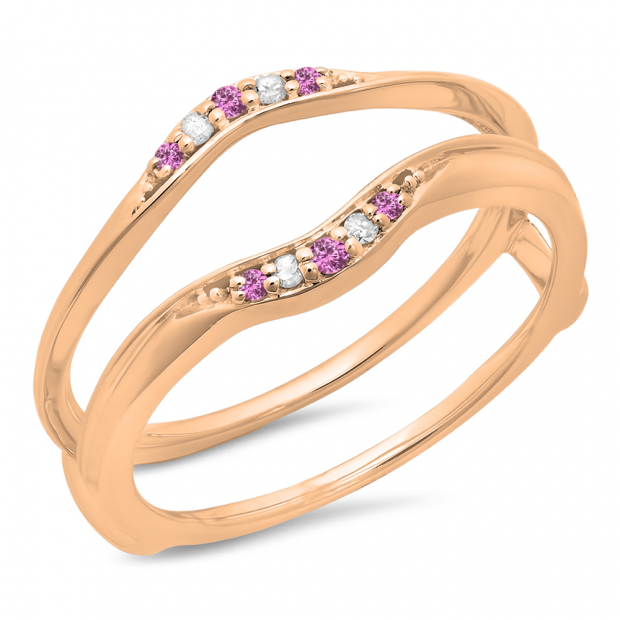 0.10 Carat (ctw) 10K Rose Gold Round Pink Sapphire & White Diamond Ladies Anniversary Wedding Band Guard Double Ring 1/10 CT
