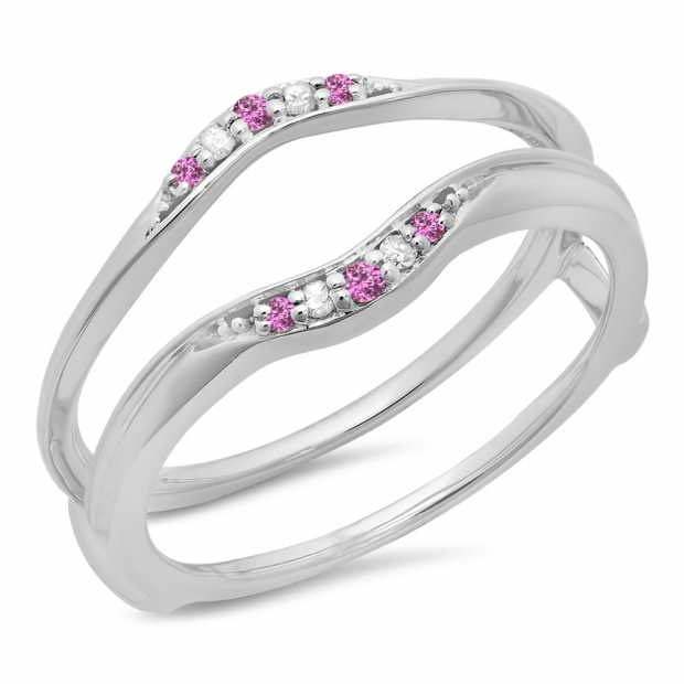 0.10 Carat (ctw) 10K White Gold Round Pink Sapphire & White Diamond Ladies Anniversary Wedding Band Guard Double Ring 1/10 CT