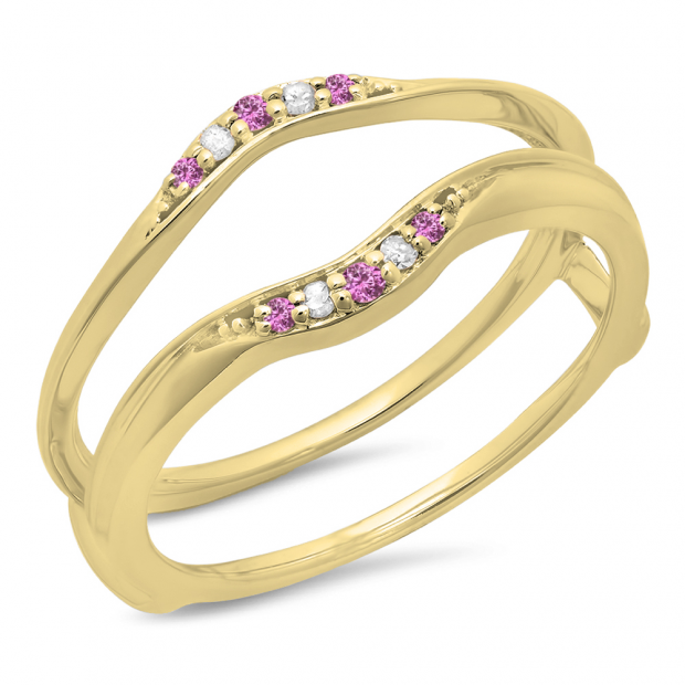 0.10 Carat (ctw) 10K Yellow Gold Round Pink Sapphire & White Diamond Ladies Anniversary Wedding Band Guard Double Ring 1/10 CT