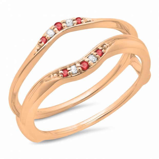 0.10 Carat (ctw) 10K Rose Gold Round Ruby & White Diamond Ladies Anniversary Wedding Band Guard Double Ring 1/10 CT