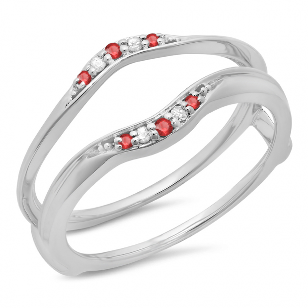 0.10 Carat (ctw) 10K White Gold Round Ruby & White Diamond Ladies Anniversary Wedding Band Guard Double Ring 1/10 CT