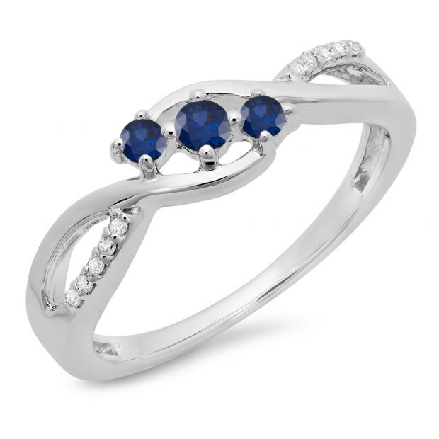 0.25 Carat (ctw) 14K White Gold Round Blue Sapphire & White Diamond Ladies 3 Stone Swirl Split Shank Engagement Promise Ring 1/4 CT