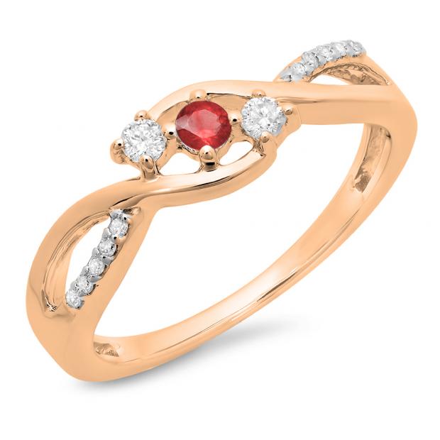 0.25 Carat (ctw) 18K Rose Gold Round Ruby & White Diamond Ladies 3 Stone Swirl Split Shank Engagement Promise Ring 1/4 CT