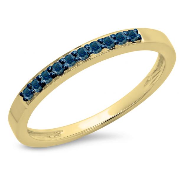 0.15 Carat (ctw) 10K Yellow Gold Round Blue Diamond Ladies Anniversary Wedding Band Stackable Ring